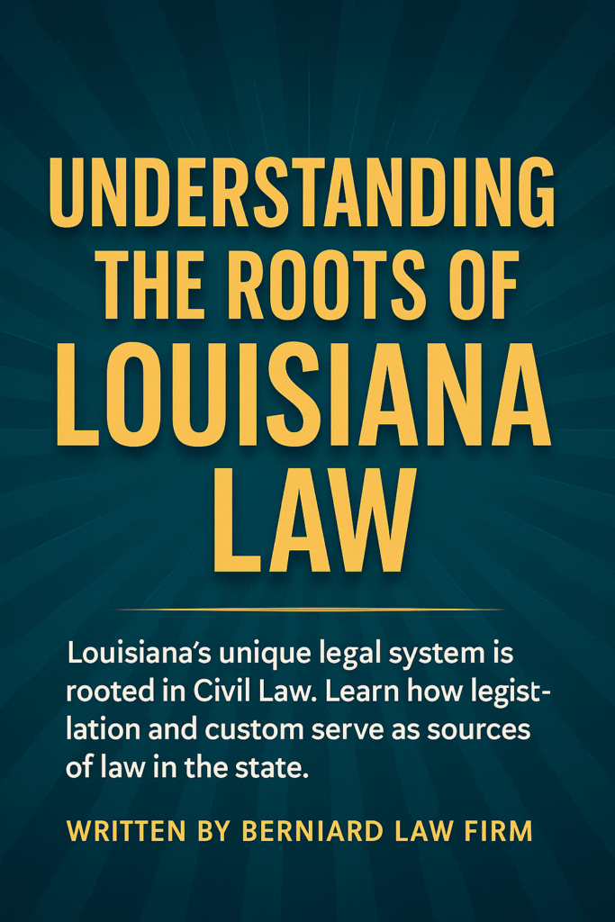 Bold teal and gold graphic featuring the title ‘Understanding the Roots of Louisiana Law’ by Berniard Law Firm, symbolizing Louisiana’s Civil Law heritage
